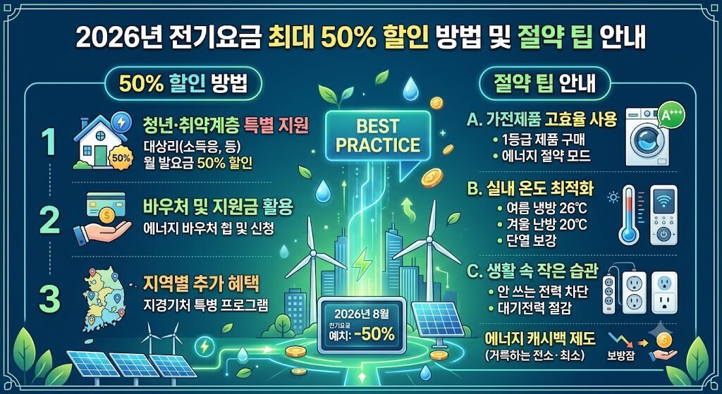 2026년 전기요금 최대 50% 할인 방법 및 절약 팁 안내 인포그래픽