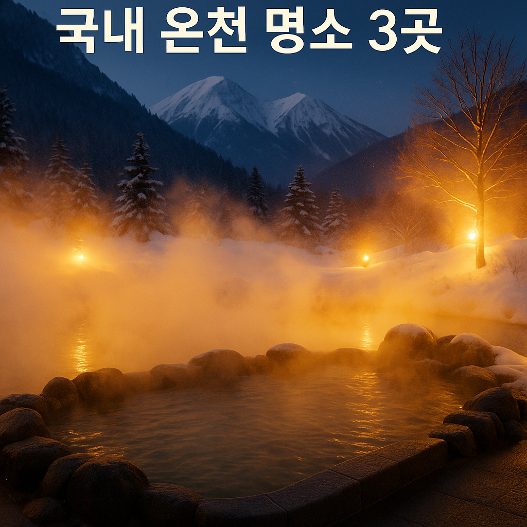 겨울 온천 여행지의 노천탕과 따뜻한 수증기가 어우러진 이미지