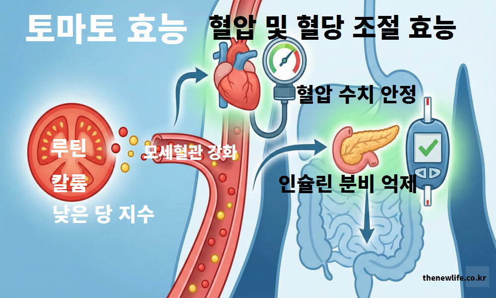 토마토 효능이 체내 나트륨 배출을 돕고 혈압과 혈당 조절에 기여하는 과정을 요약한 이미지