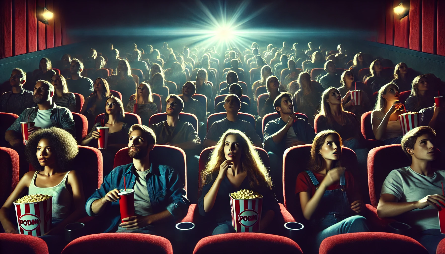 서양사람들이 영화관에 앉아서 팝콘 및 음료를 마시면서 영화를 보고 있는 사진