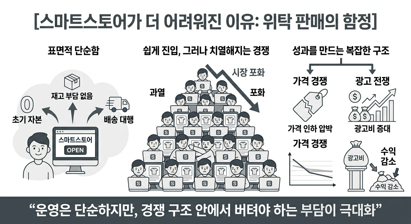 스마트스토어 위탁 판매의 표면적 단순함과 치열한 진입 경쟁, 그리고 가격 및 광고 전쟁으로 인한 수익 감소 구조를 모노톤의 간결한 인포그래픽으로 표현한 이미지입니다.