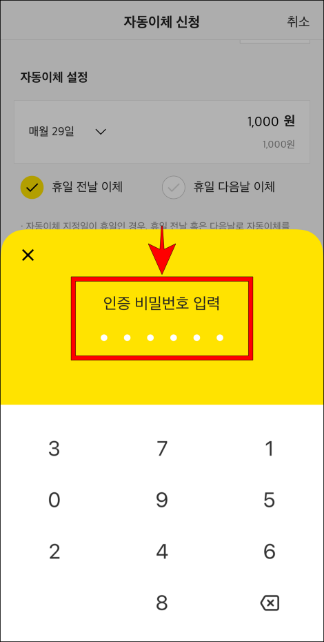 카카오뱅크의 인증 비밀번호를 입력
