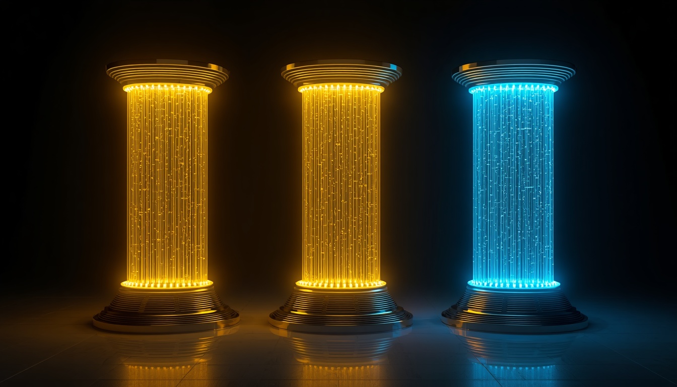 Three glowing pillars representing blockchain infrastructure features.