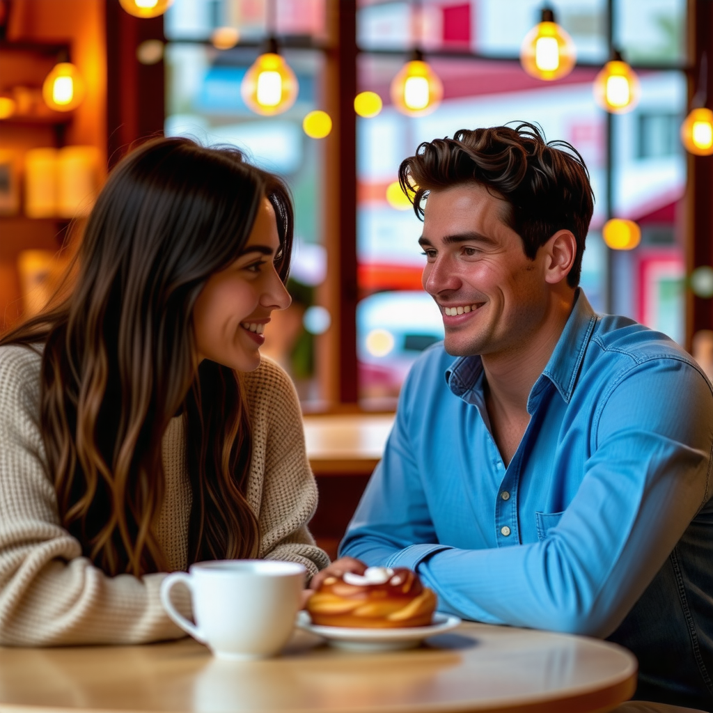 남녀가 수줍은 듯 미소를 지으며 대화하는 모습
