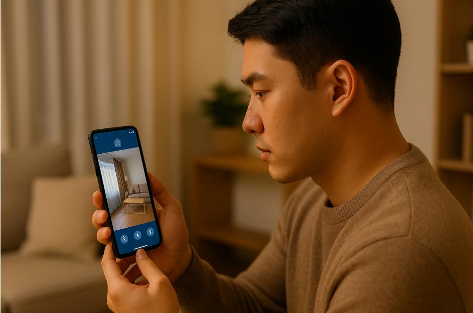 청년이 스마트폰으로 집안 CCTV 실시간 화면 확인