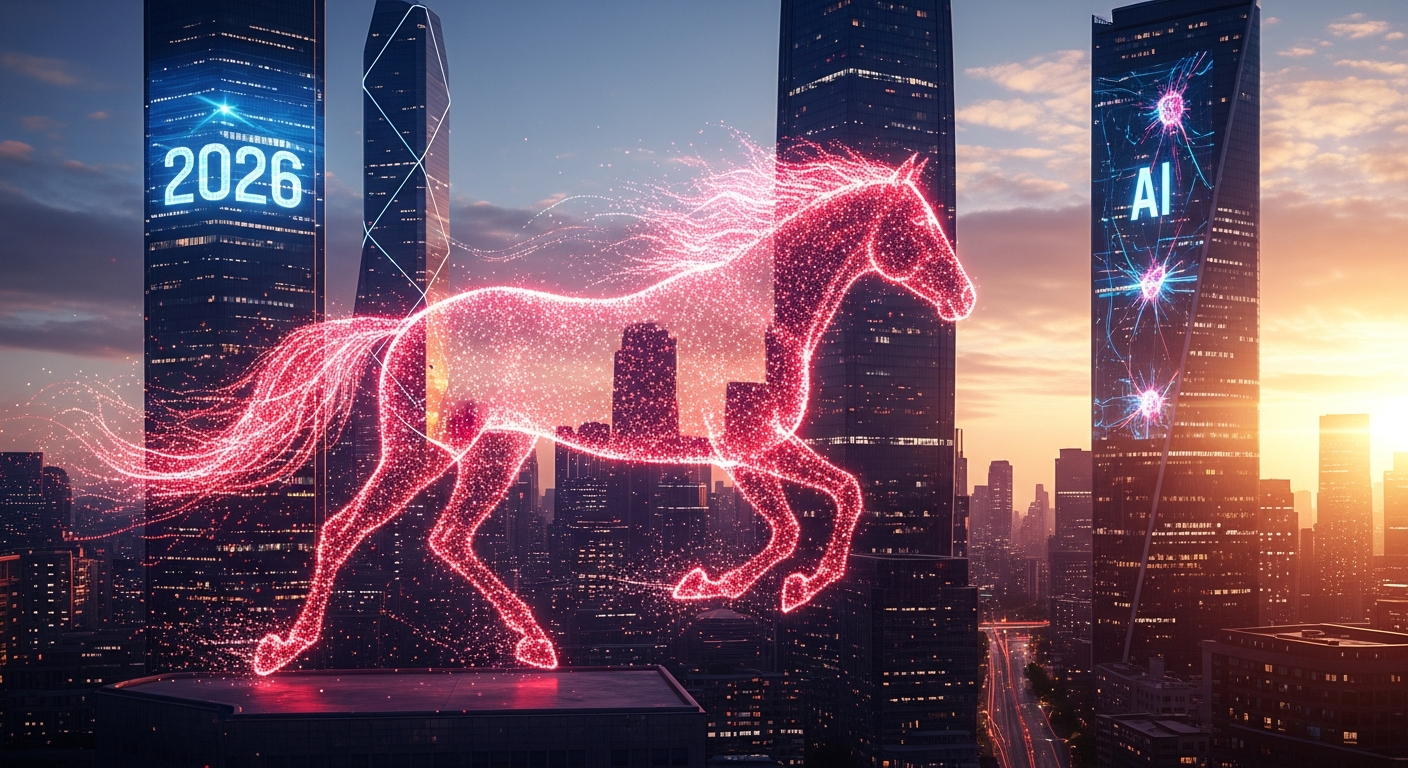 2026년 병오년 붉은 말의 해를 상징하는 이미지와 AI 기술의 역동적인 발전 전망