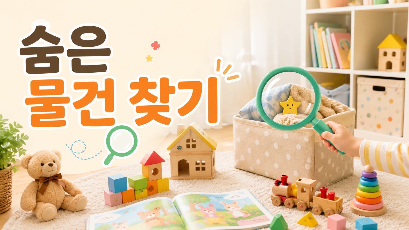 유아 놀이 공간에서 다양한 장난감 사이에 숨겨진 물건을 찾는 활동을 상징적으로 표현한 교육용 이미지