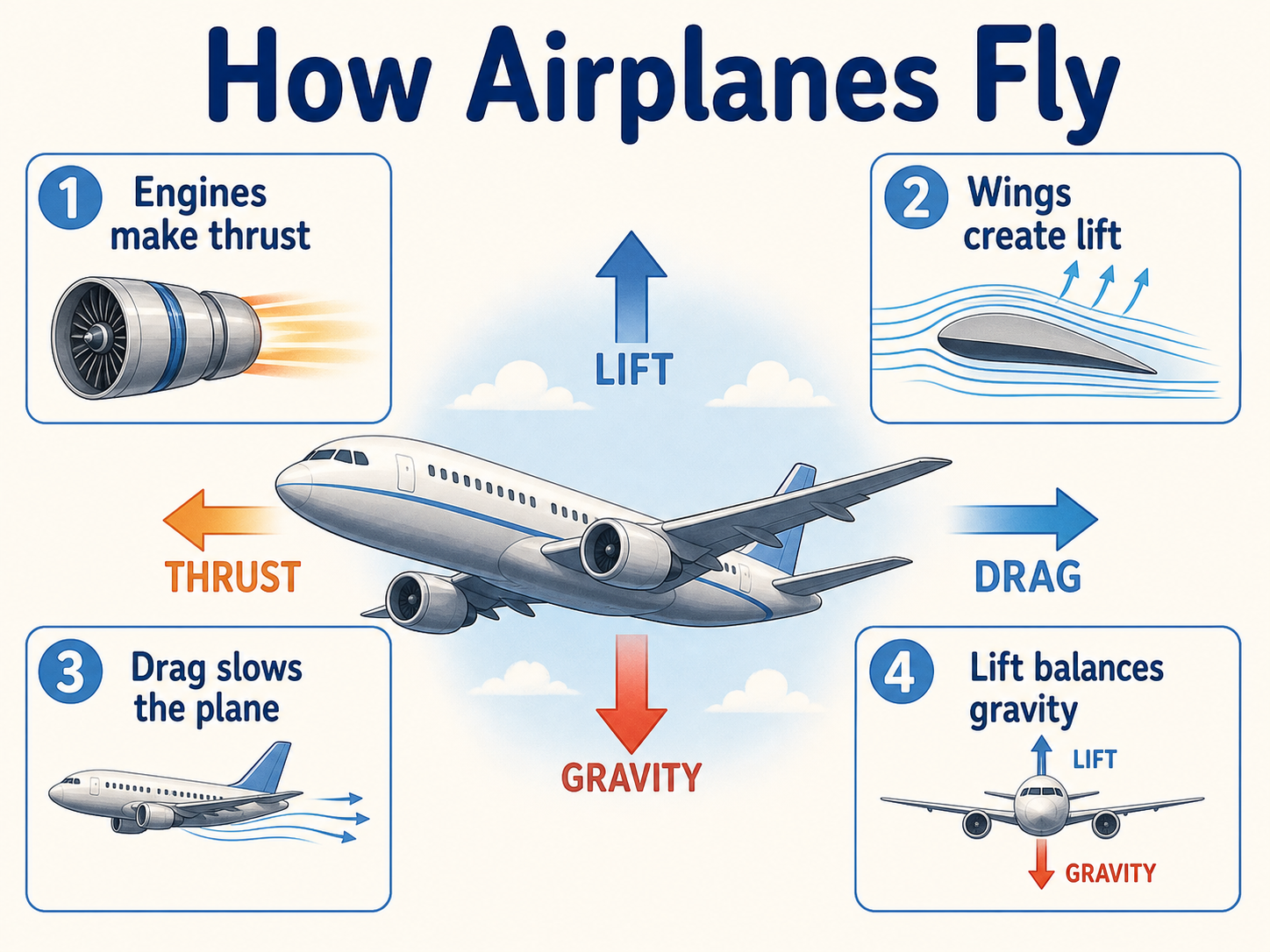 Infographic explaining how airplanes fly