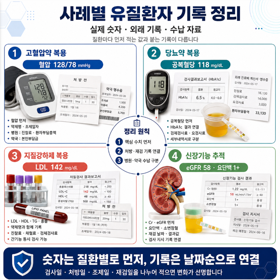 고혈압약, 당뇨약, 지질강하제, 신장기능 추적 사례별 유질환자 기록 정리 인포그래픽