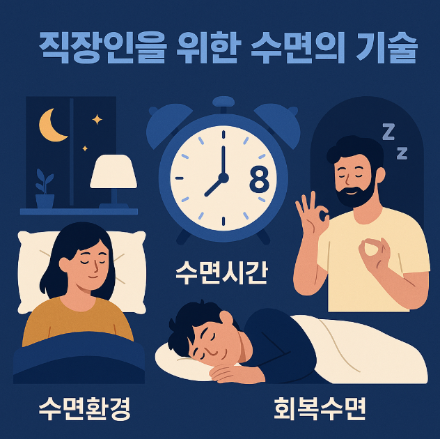 수면 환경, 수면 시간, 회복 수면과 관련된 이미지