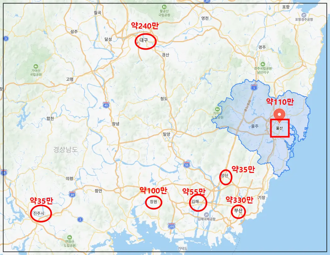 네이버지도-경상도-지역별로-인구표시-대구-240만-울산-110만-진주-35만-창원-100만-김해-55만-부산-330만