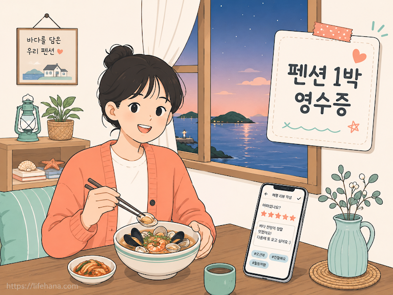 아름다운 바다 섬을 배경으로 여객선 승선권과 숙박 영수증을 챙기며 섬 여행비 환급을 준비하는 예비 여행객들의 활기찬 모습