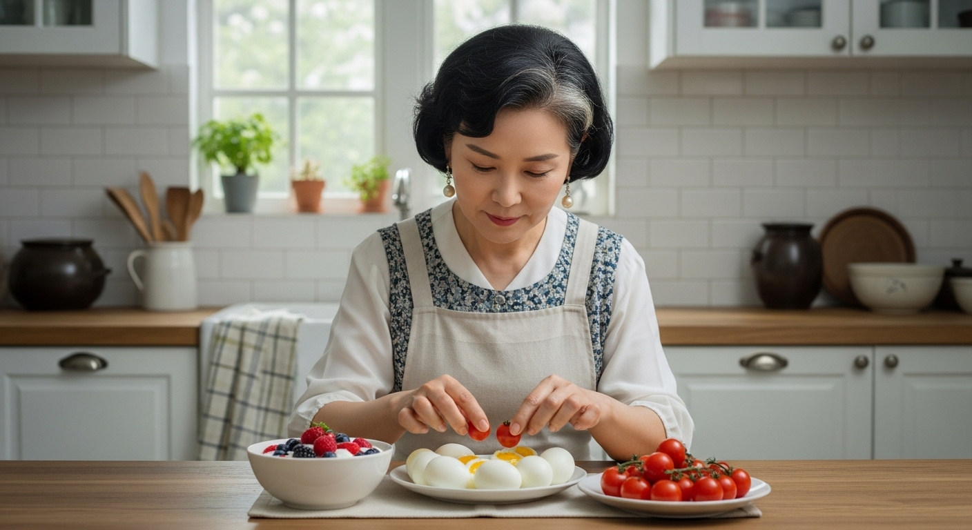 그릭요거트와 달걀로 아침을 준비하는 50대 여성