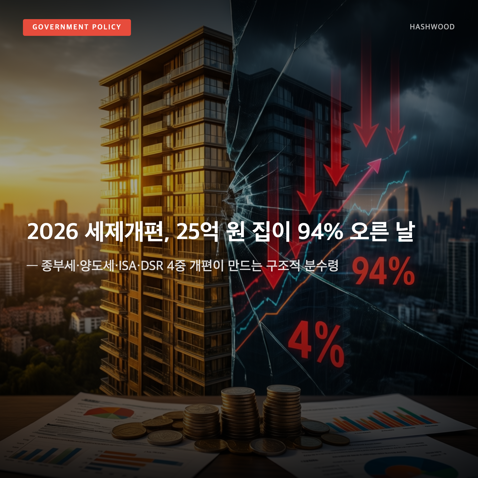 그림: 2026 세제개편, 25억 원 집이 94% 오른 날 — — 종부세·양도세·ISA·DSR 4중 개편의 구조적 분수령