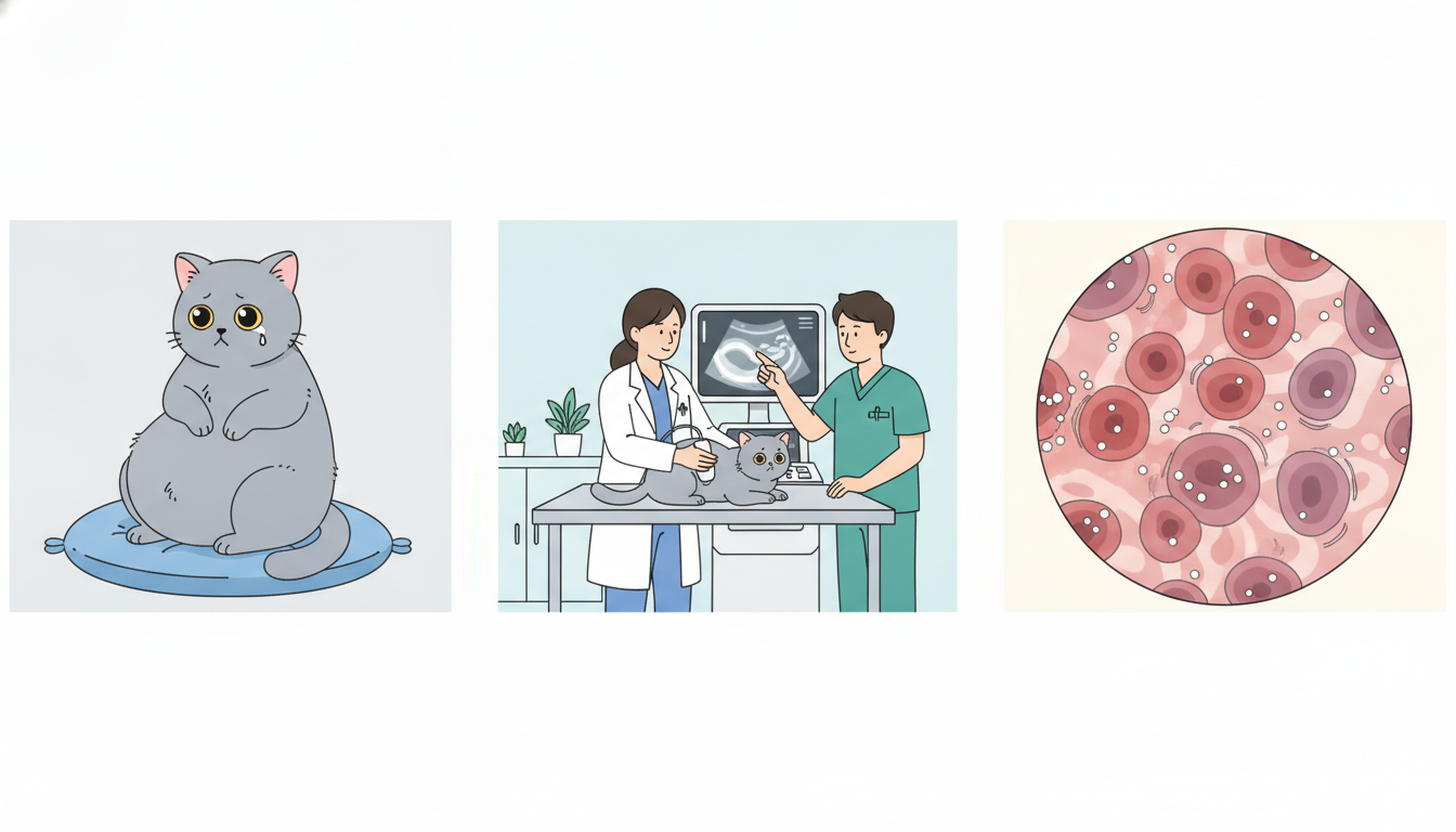 고양이 염증성 장 질환(IBD)의 증상, 진단 과정, 그리고 염증 조직을 보여주는 세 가지 이미지