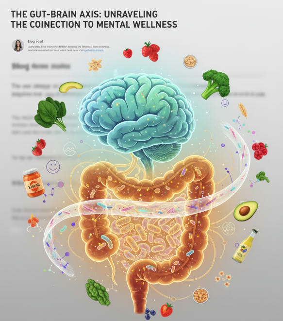 장-뇌축을 보여주는 일러스트로, 뇌와 장이 연결되고 주변에 채소·과일·발효식품 등이 배치된 모습