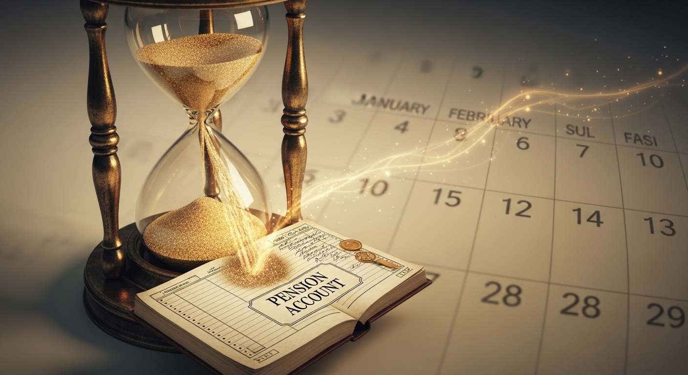 모래시계가 돌아가며 모래가 연금 통장으로 쌓이는 모습의 이미지