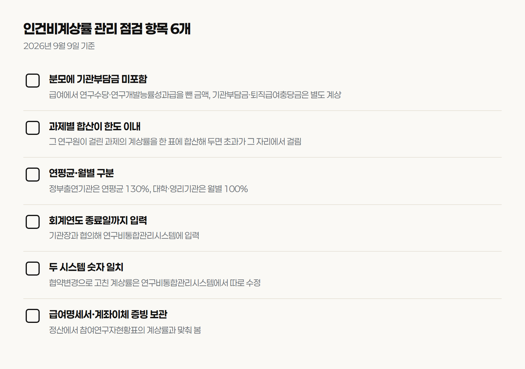 분모 확인부터 증빙 보관까지 인건비계상률 관리 점검 항목 6개 체크리스트