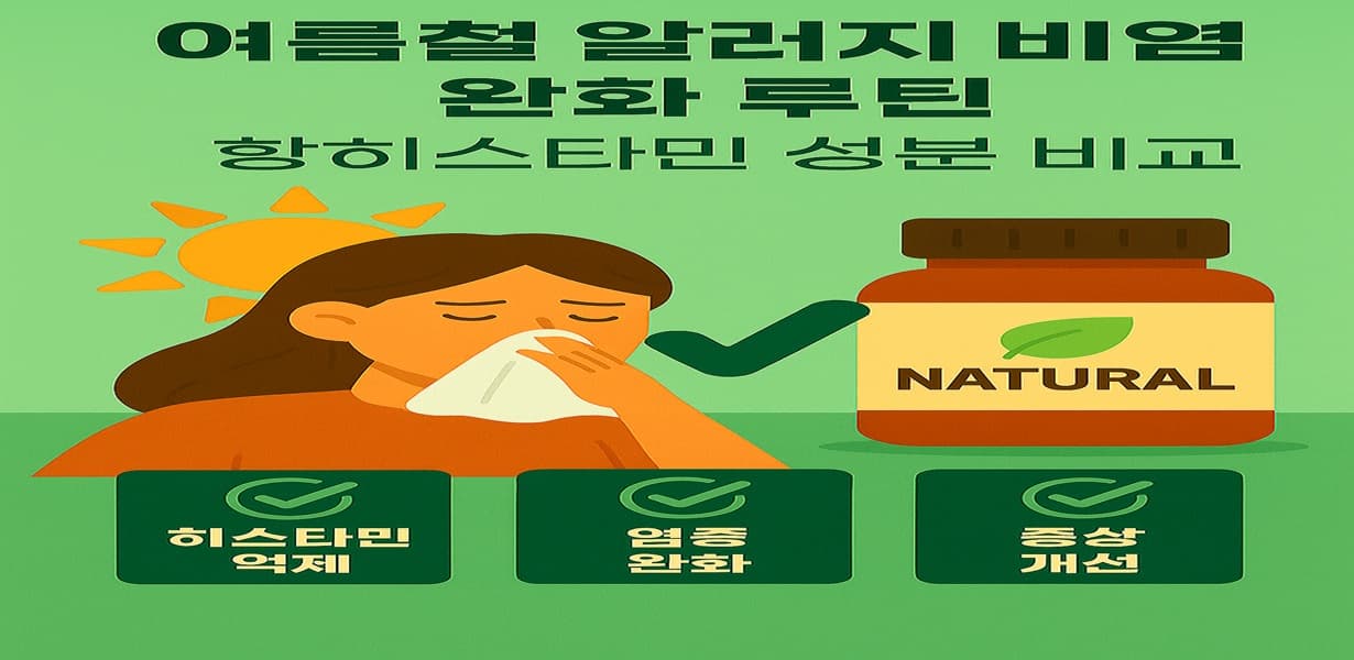 “여름 햇볕 아래 비염 증상으로 코를 막고 있는 여성을 중심으로, NATURAL 항히스타민 보충제와 히스타민 억제, 염증 완화, 증상 개선 기능이 체크 아이콘과 함께 정리된 인포그래픽”