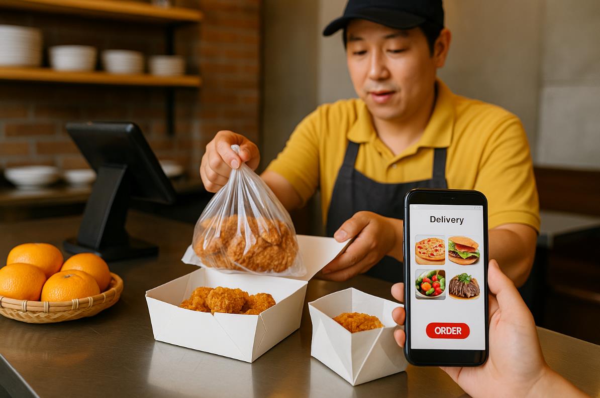 배달앱으로 접수된 주문을 확인하고 치킨을 포장하는 소상공인 음식점 사장의 모습