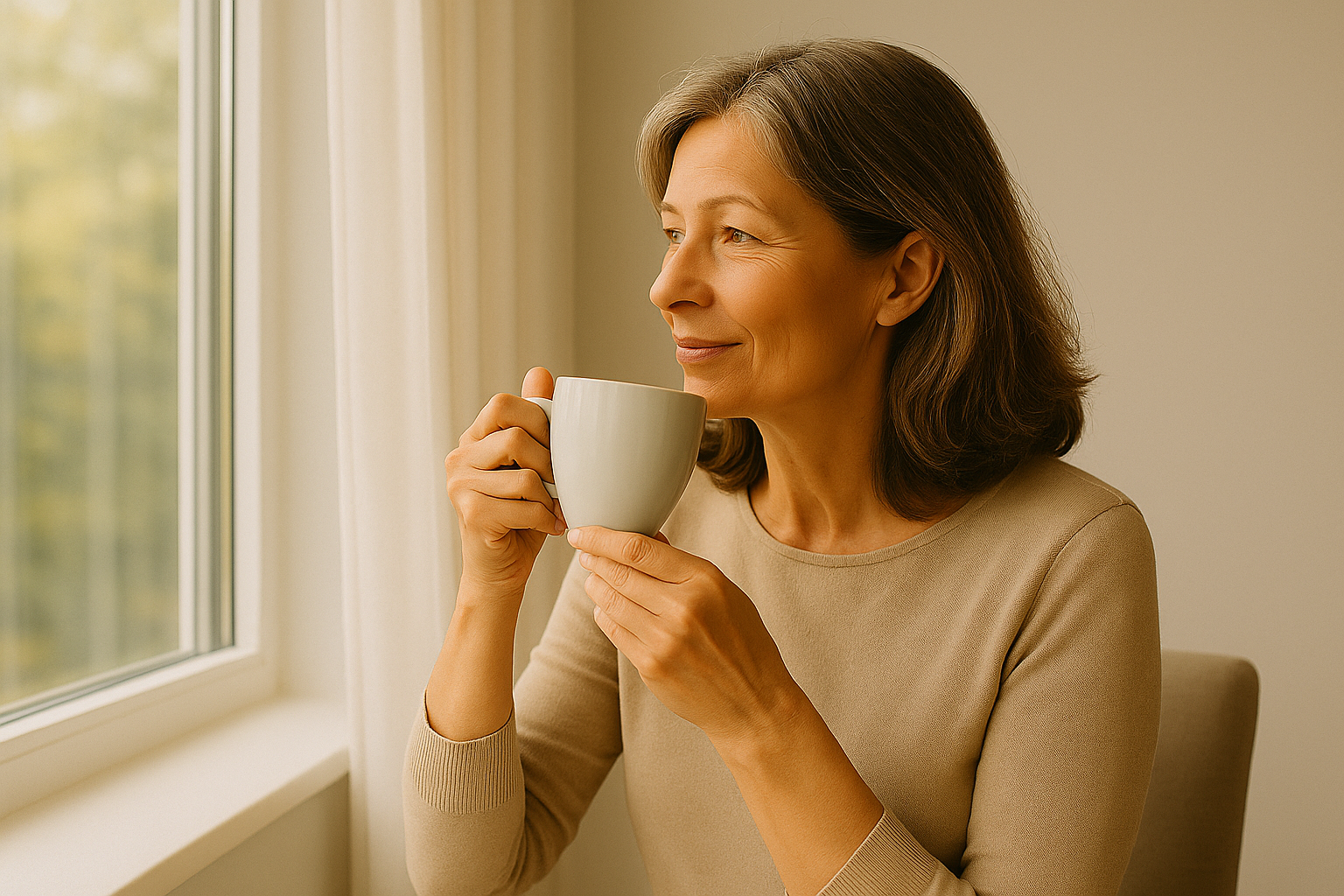 중년여성이 창가를 바라보며 차를 마시는 이미지