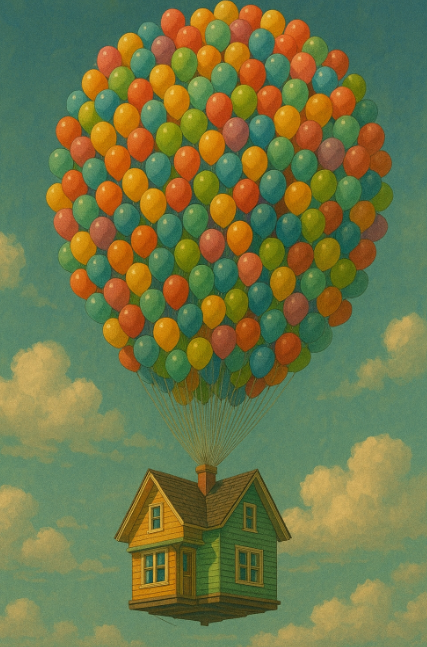 수많은 풍선에 매달려 날아가는 집
