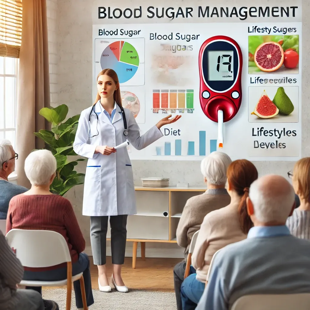 노인을 대상으로 혈당 관리 교육을 진행하는 의료 전문가