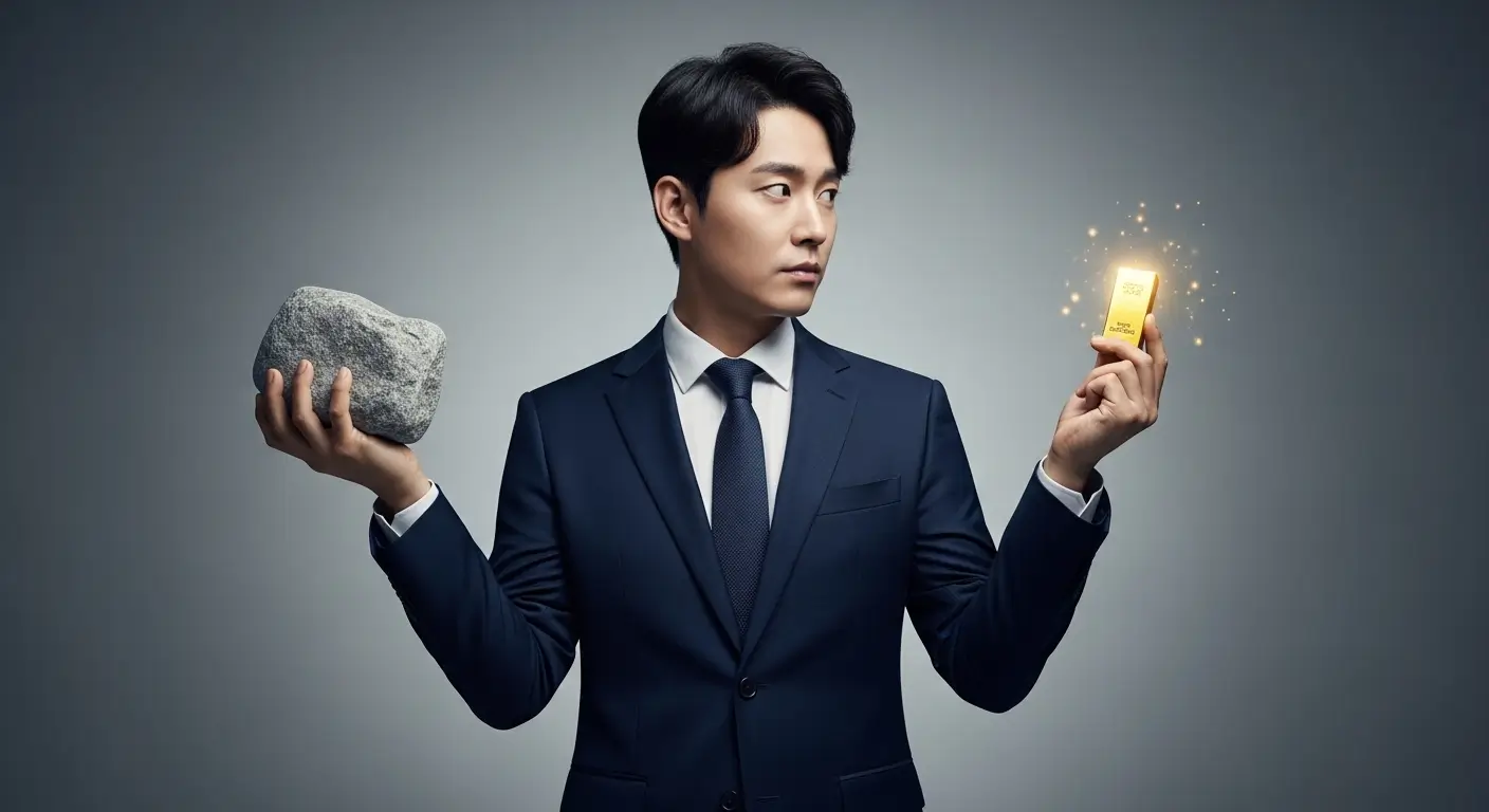 한 손에는 무거운 돌(빚)을, 다른 한 손에는 황금(수익)을 들고 고민하는 한국인 투자자의 모습