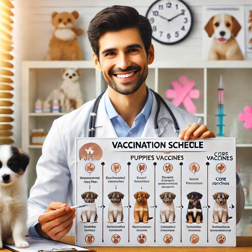 강아지 예방접종 스케줄표를 설명하는 수의사