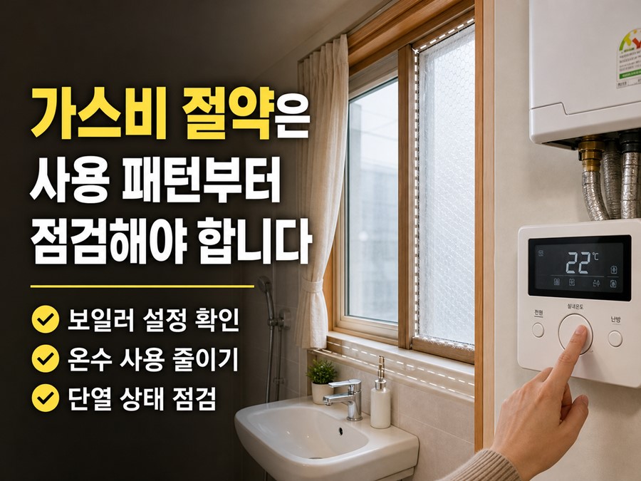 보일러 설정, 온수 사용 습관, 단열 상태를 함께 점검해 가스비를 줄이는 현실적인 방법을 보여주는 체크리스트형 이미지입니다.