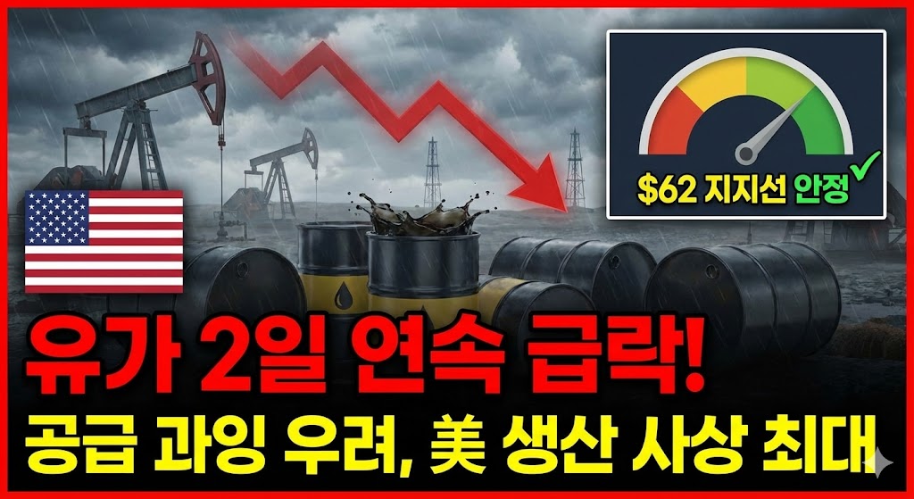 미국 원유 생산량 사상 최고치 기록과 공급 과잉 우려에 따른 국제 유가 하락 및 안정세 분석 그래픽