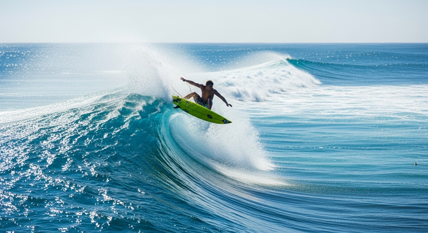 Dynamic view of a person surfing on a blue ocean wave.