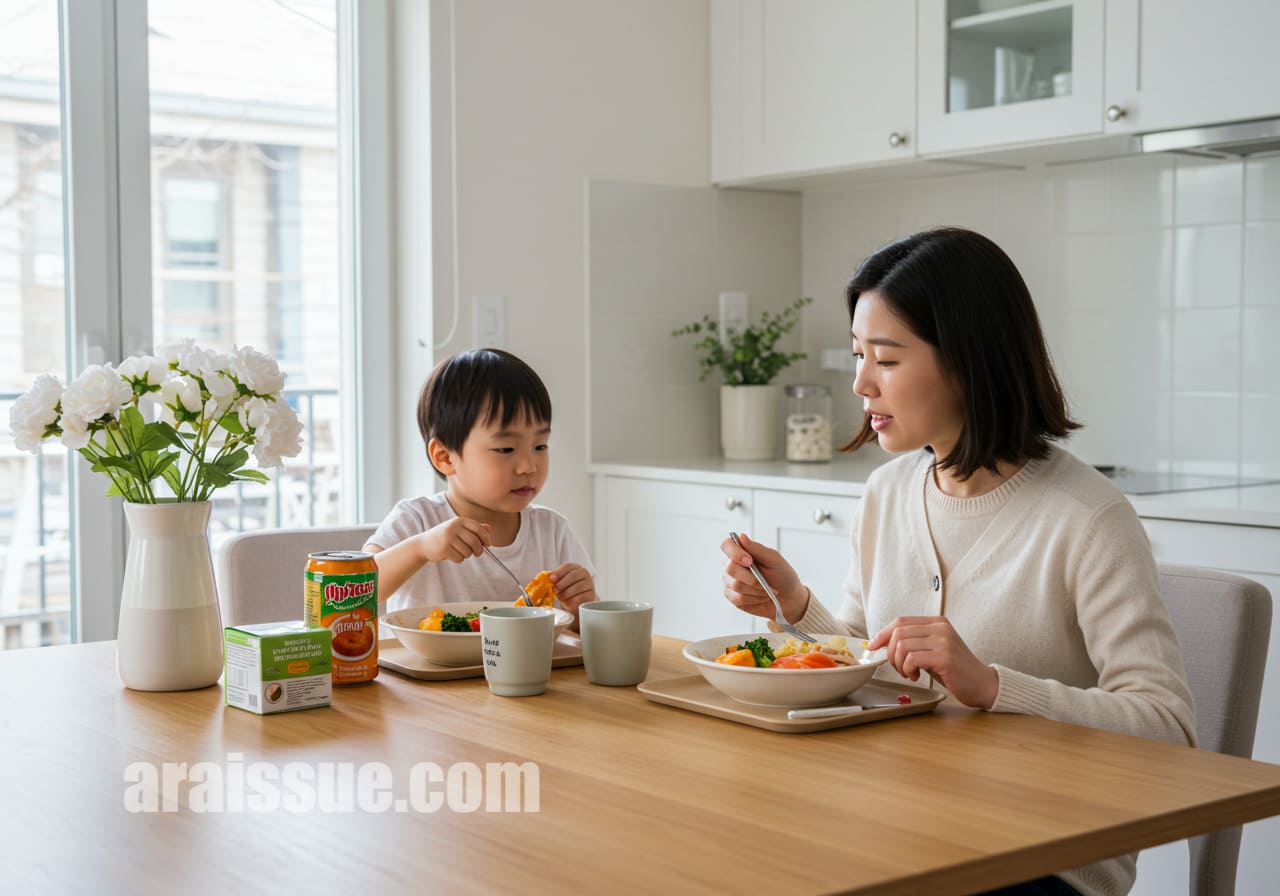 농식품 바우처 제도로 건강한 식사를 즐기는 한국 엄마와 아이의 모습입니다.