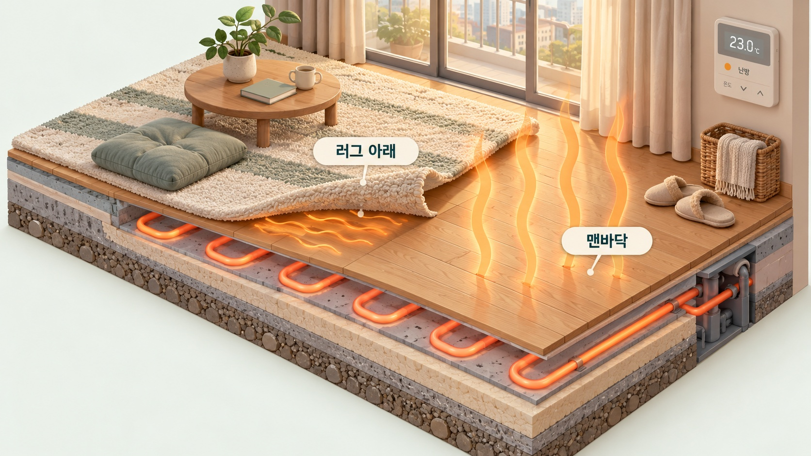 바닥에 깔린 두꺼운 러그의 가장자리
