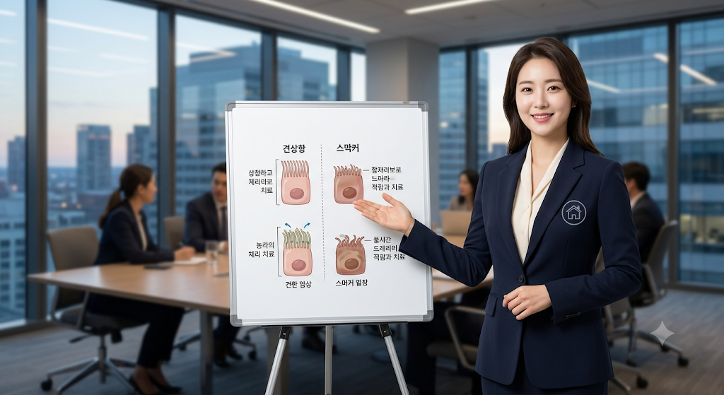 사무실에서 여성이 건강 관련 도표를 설명하고 있다