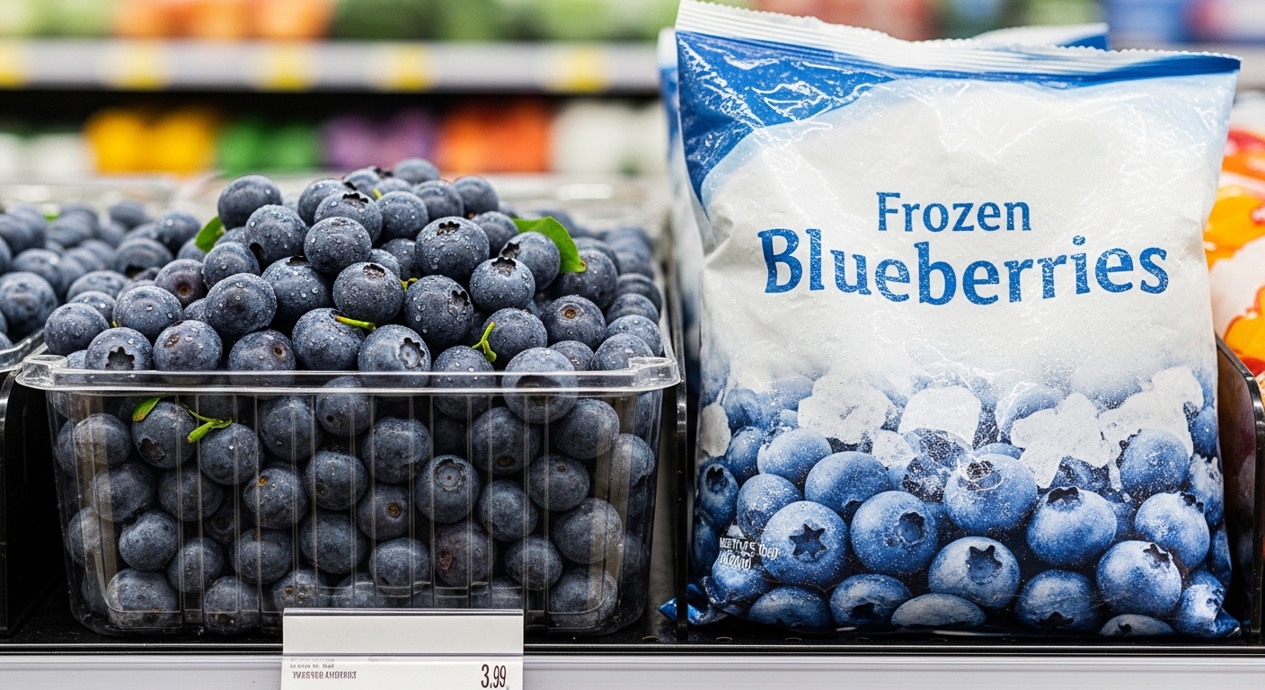 마트 진열대에 놓인 신선한 생과와 냉동 블루베리를 비교하는 모습