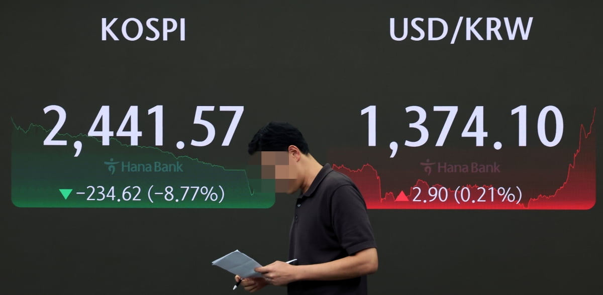 미국발 경기 침체 공포에 국내 양대 지수가 나란히 8% 이상 급락하면서 코스닥 시장과 코스닥 시장에 동반 서킷브레이커(CB) 1단계가 발동된 지난달 5일 오후 서울 중구 하나은행 본점 딜링룸 전광판에 종가가 표시되고 있다.