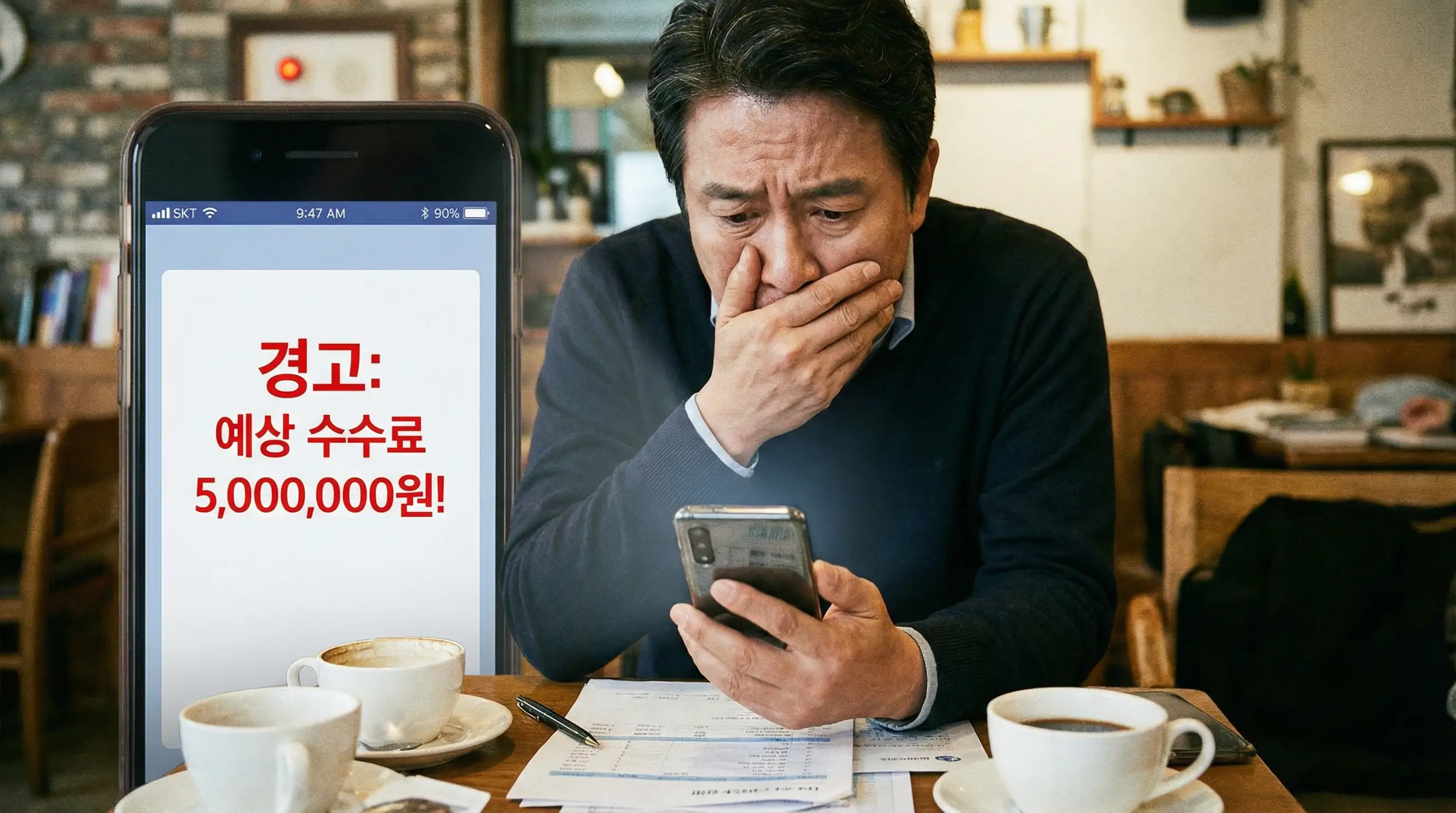 스마트폰 화면에 뜬 높은 수수료 경고창을 보고 놀라서 고민에 빠진 사람의 모습