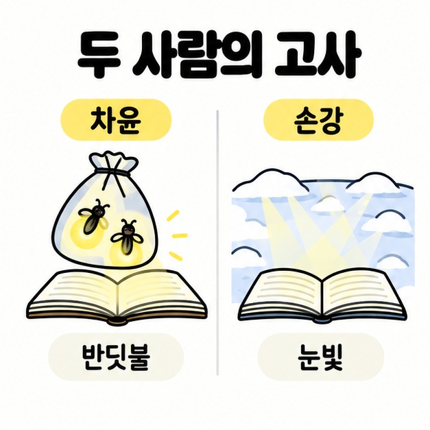 차윤의 반딧불 주머니와 손강의 눈빛을 펼친 책과 함께 비교한 고사 삽화
