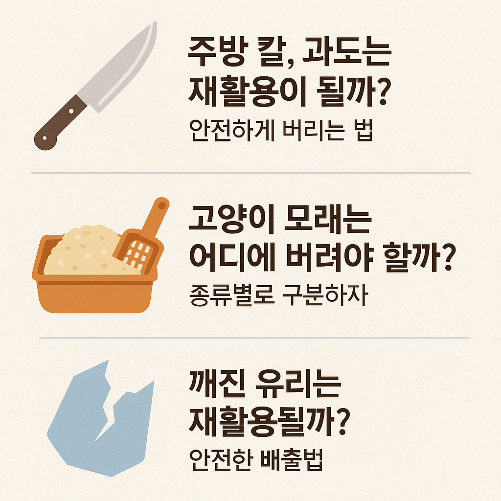 주방 칼, 고양이 모래, 깨진 유리 버리는 방법
