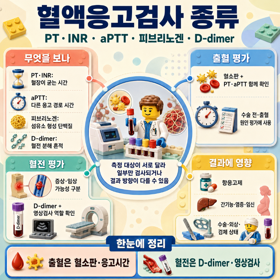혈액응고검사의 종류와 PT·INR·aPTT·피브리노겐·D-dimer의 측정 대상과 출혈·혈전 평가를 정리한 레고 스타일 메디컬 인포그래픽