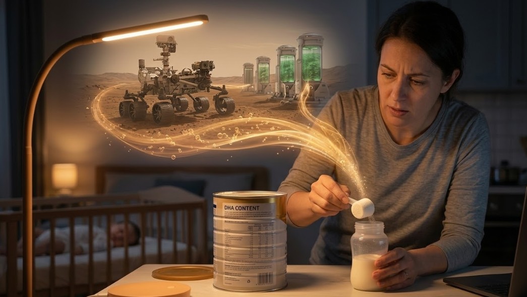 새벽 3시, 어둑한 주방에서 피곤한 부모가 DHA 함량을 확인하며 분유를 타는 모습 우주 기술이 일상의 젖병 속 영양소로 이어지는 순간을 시각화