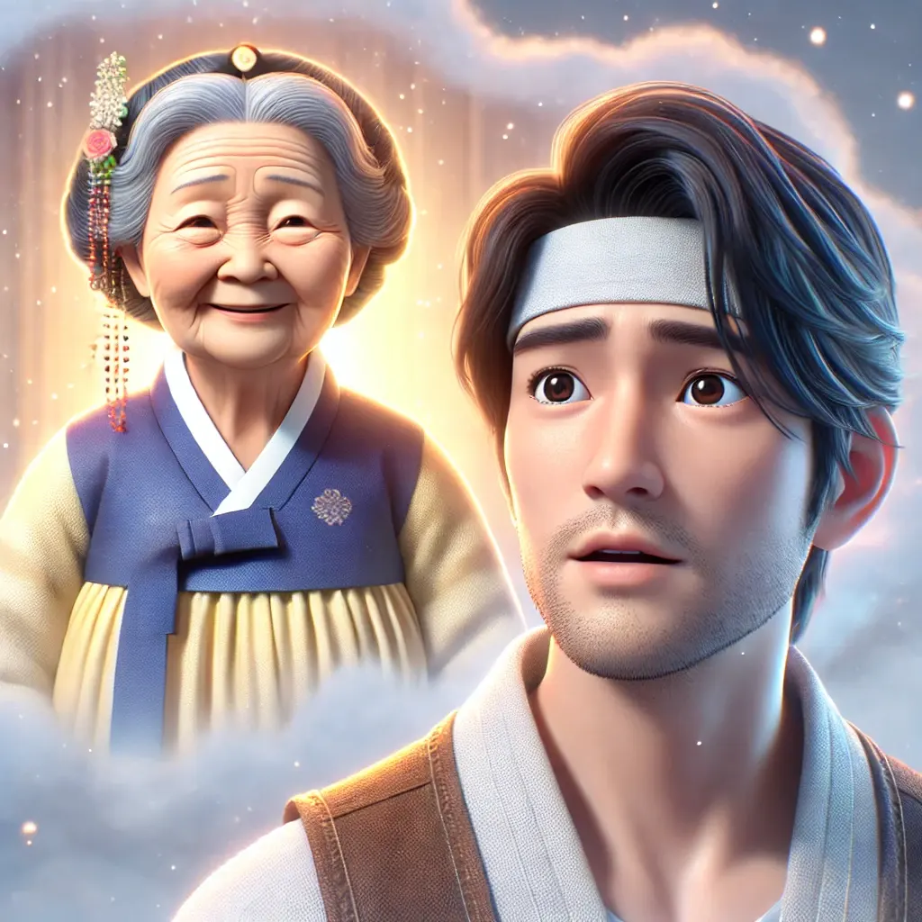 꿈속에서 할머니를 만난 중년 한국 남성 캐릭터 '라이더'의 따뜻한 3D 일러스트