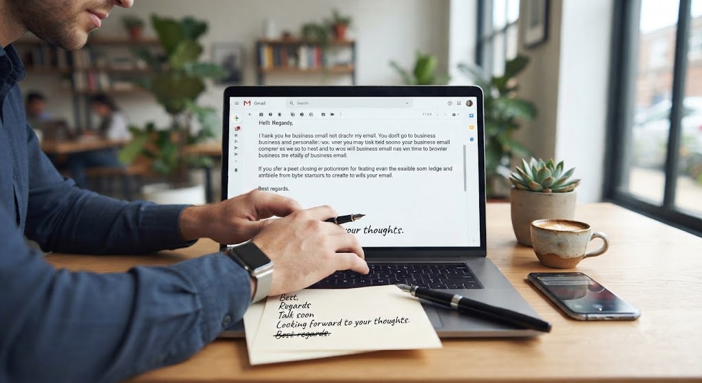 노트북 화면에 'Business Email Closing Tips'라는 제목과 함께 'Consider relationship depth', 'Match email tone' 등 구체적인 비즈니스 영어 이메일 마무리 팁이 영문으로 적혀 있는 모습. 실무자가 키보드 위에서 고민하며 다양한 클로징 예시가 적힌 메모지를 바라보고 있다.
