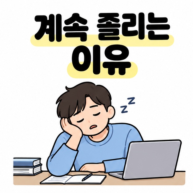 계속 졸리는 이유 제목 아래 책상에서 눈을 감고 졸고 있는 사람의 대표 이미지