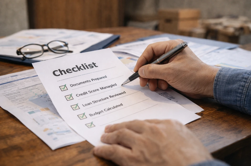 사무실 책상에서 정책자금 신청을 위해 서류를 정리하고 체크리스트를 확인하는 소상공인 모습