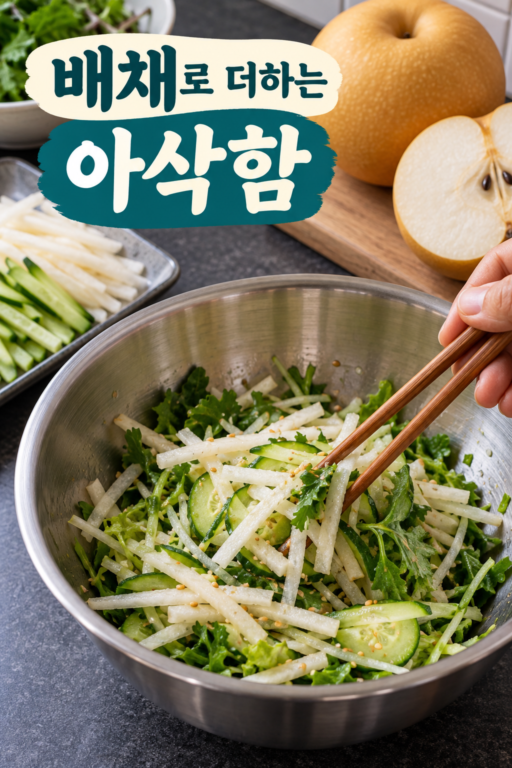 배채와 오이&middot;잎채소를 버무리는 모습