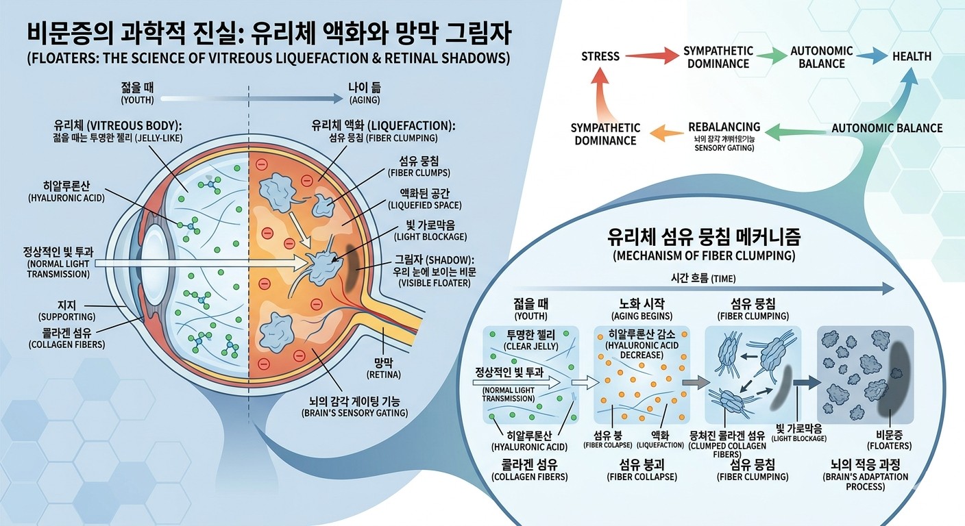유리체(Vitreous Body) 내의 부유물이 어떻게 망막에 그림자를 드리우는지 보여주는 이미지. 젤리 형태의 유리체가 액체로 변하며 섬유가 뭉치는 과정을 시각화