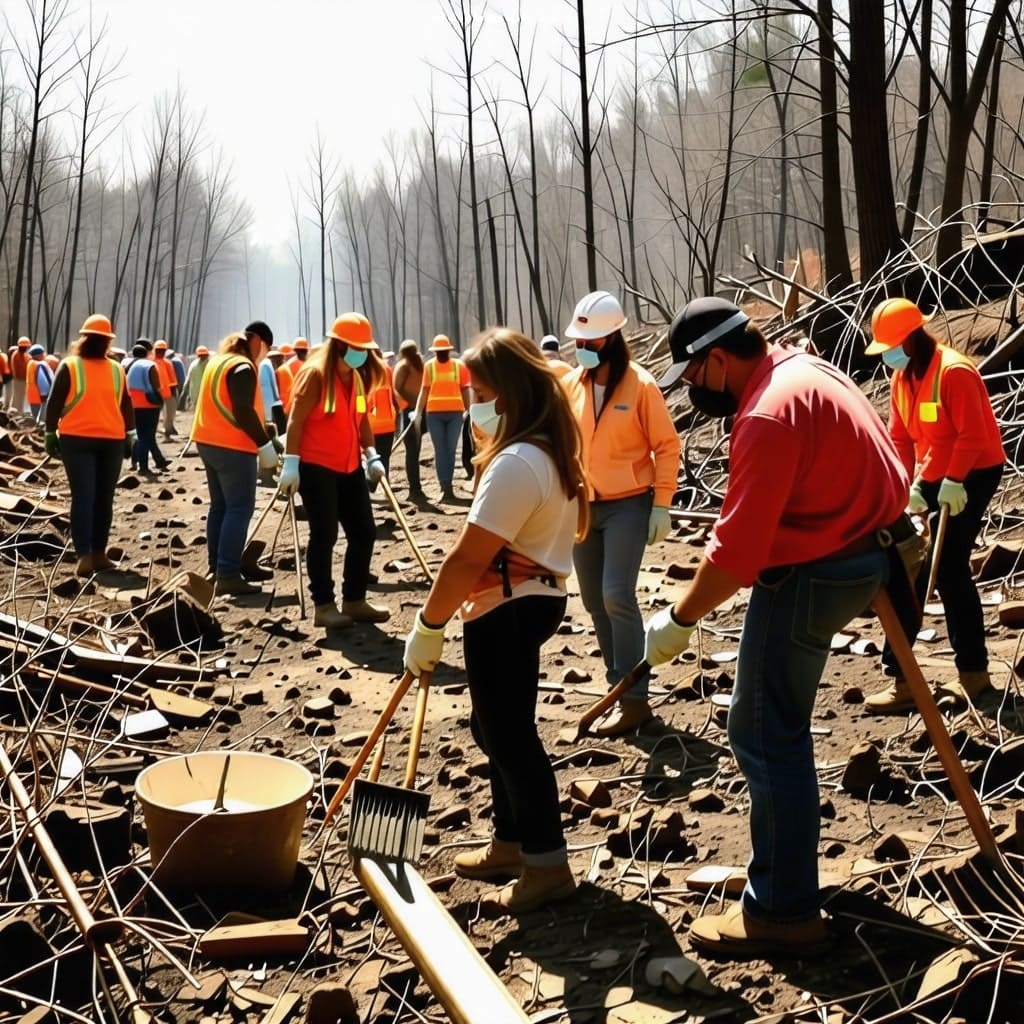 자원봉사자들이 산불 피해 지역에서 복구 작업을 하는 모습.