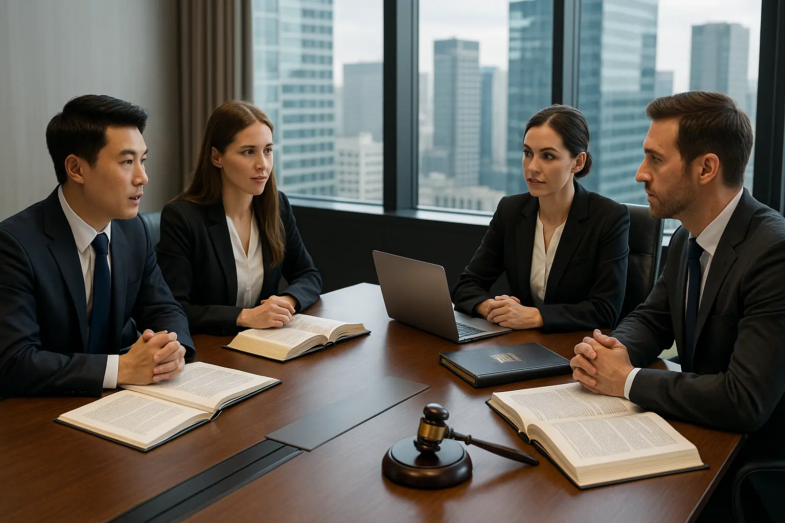 현대적인 회의실에서 변호사들이 법률 서류를 검토하며 회의하는 장면. 도시 전경이 배경으로 보이며 전문성을 강조함.